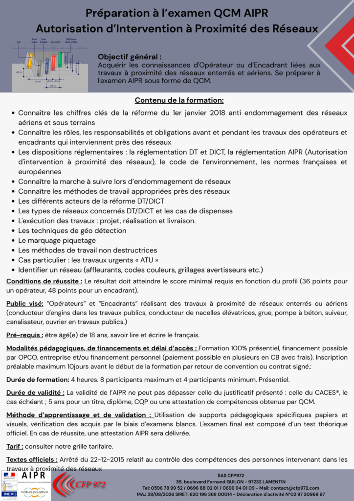 Centre de formation CACES Martinique CACES Martinique Formation certificat d’aptitude à la conduite en sécurité caces R489 chariots élévateurs caces R486 nacelle PEMP plateformes élévatrices caces R490 Grue de chargement caces R482 engins de chantier Formation cariste Martinique Financement caces Financement CPF Formation cariste manutention Financement France travail Formation éligible au CPF Recyclage AIPR opérateur CACES Lamentin CACES Fort de France Obtenir le certificat d’aptitude à la conduite en sécurité Financement Nacelle élévatrice cariste en entrepôt Formation professionnelle certifiée Certification logistique manutention Engins de chantier Centre agréé Qualiopi Programme de formation CACES