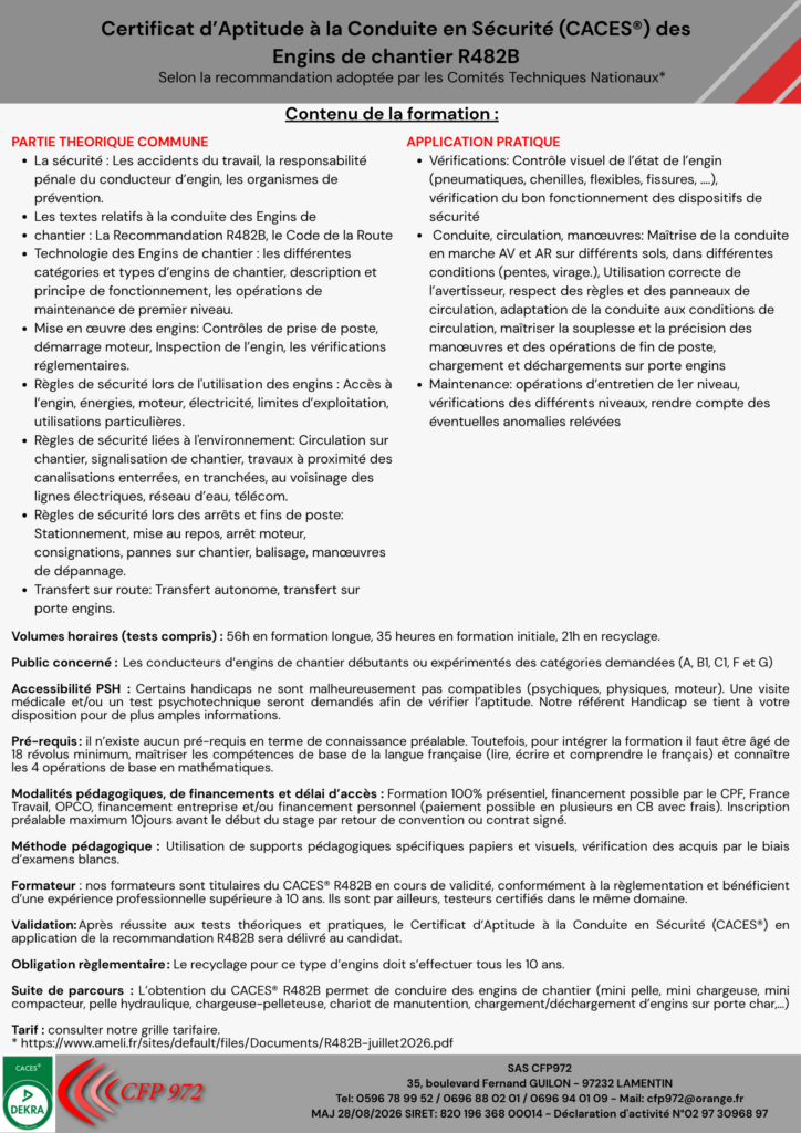Centre de formation CACES Martinique CACES Martinique Formation certificat d’aptitude à la conduite en sécurité caces R489 chariots élévateurs caces R486 nacelle PEMP plateformes élévatrices caces R490 Grue de chargement caces R482 engins de chantier Formation cariste Martinique Financement caces Financement CPF Formation cariste manutention Financement France travail Formation éligible au CPF Recyclage AIPR opérateur CACES Lamentin CACES Fort de France Obtenir le certificat d’aptitude à la conduite en sécurité Financement Nacelle élévatrice cariste en entrepôt Formation professionnelle certifiée Certification logistique manutention Engins de chantier Centre agréé Qualiopi Programme de formation CACES