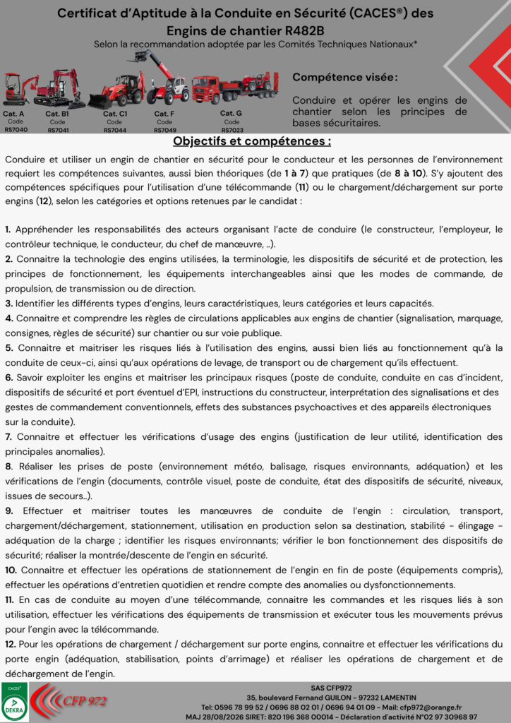 Centre de formation CACES Martinique CACES Martinique Formation certificat d’aptitude à la conduite en sécurité caces R489 chariots élévateurs caces R486 nacelle PEMP plateformes élévatrices caces R490 Grue de chargement caces R482 engins de chantier Formation cariste Martinique Financement caces Financement CPF Formation cariste manutention Financement France travail Formation éligible au CPF Recyclage AIPR opérateur CACES Lamentin CACES Fort de France Obtenir le certificat d’aptitude à la conduite en sécurité Financement Nacelle élévatrice cariste en entrepôt Formation professionnelle certifiée Certification logistique manutention Engins de chantier Centre agréé Qualiopi Programme de formation CACES
