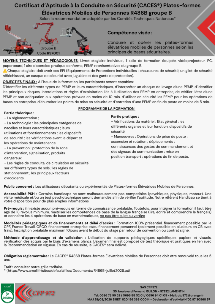 Centre de formation CACES Martinique CACES Martinique Formation certificat d’aptitude à la conduite en sécurité caces R489 chariots élévateurs caces R486 nacelle PEMP plateformes élévatrices caces R490 Grue de chargement caces R482 engins de chantier Formation cariste Martinique Financement caces Financement CPF Formation cariste manutention Financement France travail Formation éligible au CPF Recyclage AIPR opérateur CACES Lamentin CACES Fort de France Obtenir le certificat d’aptitude à la conduite en sécurité Financement Nacelle élévatrice cariste en entrepôt Formation professionnelle certifiée Certification logistique manutention Engins de chantier Centre agréé Qualiopi Programme de formation CACES