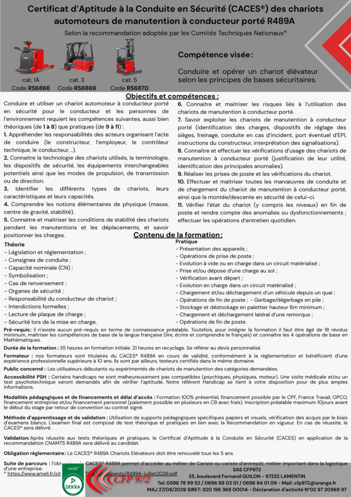 Centre de formation CACES Martinique CACES Martinique Formation certificat d’aptitude à la conduite en sécurité caces R489 chariots élévateurs caces R486 nacelle PEMP plateformes élévatrices caces R490 Grue de chargement caces R482 engins de chantier Formation cariste Martinique Financement caces Financement CPF Formation cariste manutention Financement France travail Formation éligible au CPF Recyclage AIPR opérateur CACES Lamentin CACES Fort de France Obtenir le certificat d’aptitude à la conduite en sécurité Financement Nacelle élévatrice cariste en entrepôt Formation professionnelle certifiée Certification logistique manutention Engins de chantier Centre agréé Qualiopi Programme de formation CACES