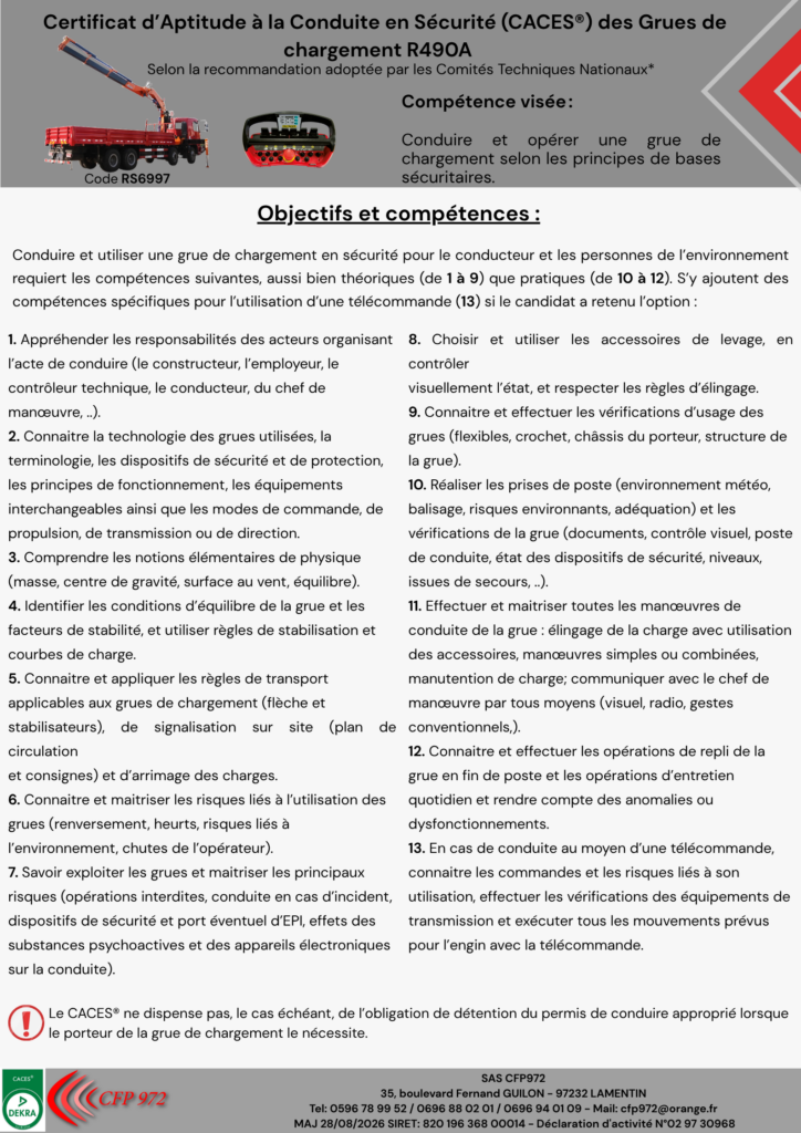 Centre de formation CACES Martinique CACES Martinique Formation certificat d’aptitude à la conduite en sécurité caces R489 chariots élévateurs caces R486 nacelle PEMP plateformes élévatrices caces R490 Grue de chargement caces R482 engins de chantier Formation cariste Martinique Financement caces Financement CPF Formation cariste manutention Financement France travail Formation éligible au CPF Recyclage AIPR opérateur CACES Lamentin CACES Fort de France Obtenir le certificat d’aptitude à la conduite en sécurité Financement Nacelle élévatrice cariste en entrepôt Formation professionnelle certifiée Certification logistique manutention Engins de chantier Centre agréé Qualiopi Programme de formation CACES